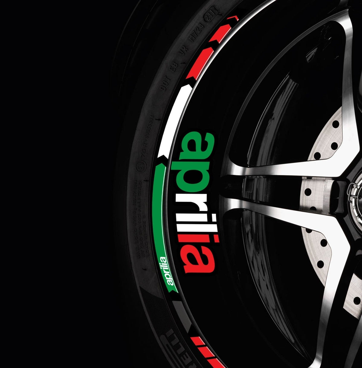 Aprilia Italy Edition ratlankių juostelės ant motociklo