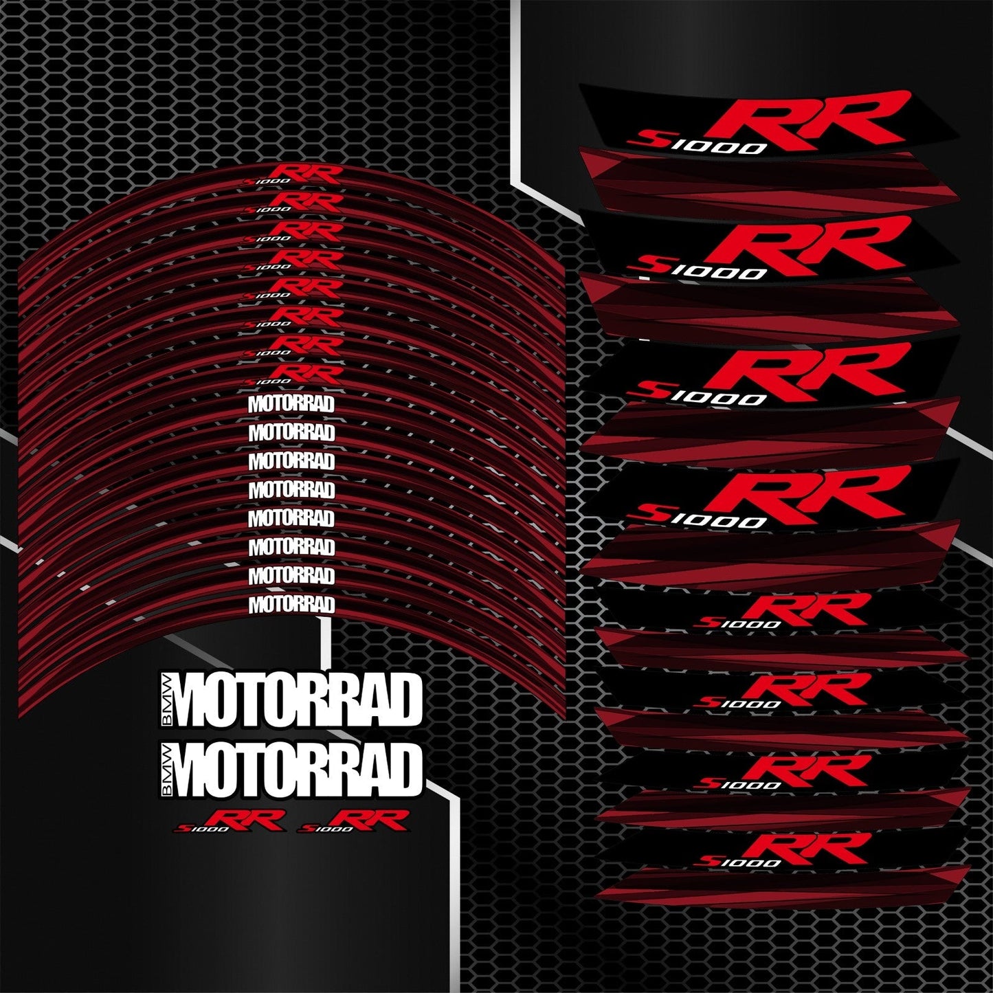 BMW S1000RR M Sport ratlankių lipdukų dizainas juodos ir raudonos spalvos