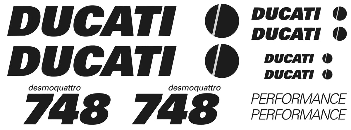 Ducati 748 lipdukai su prekės ženklo užrašu pilkame fone