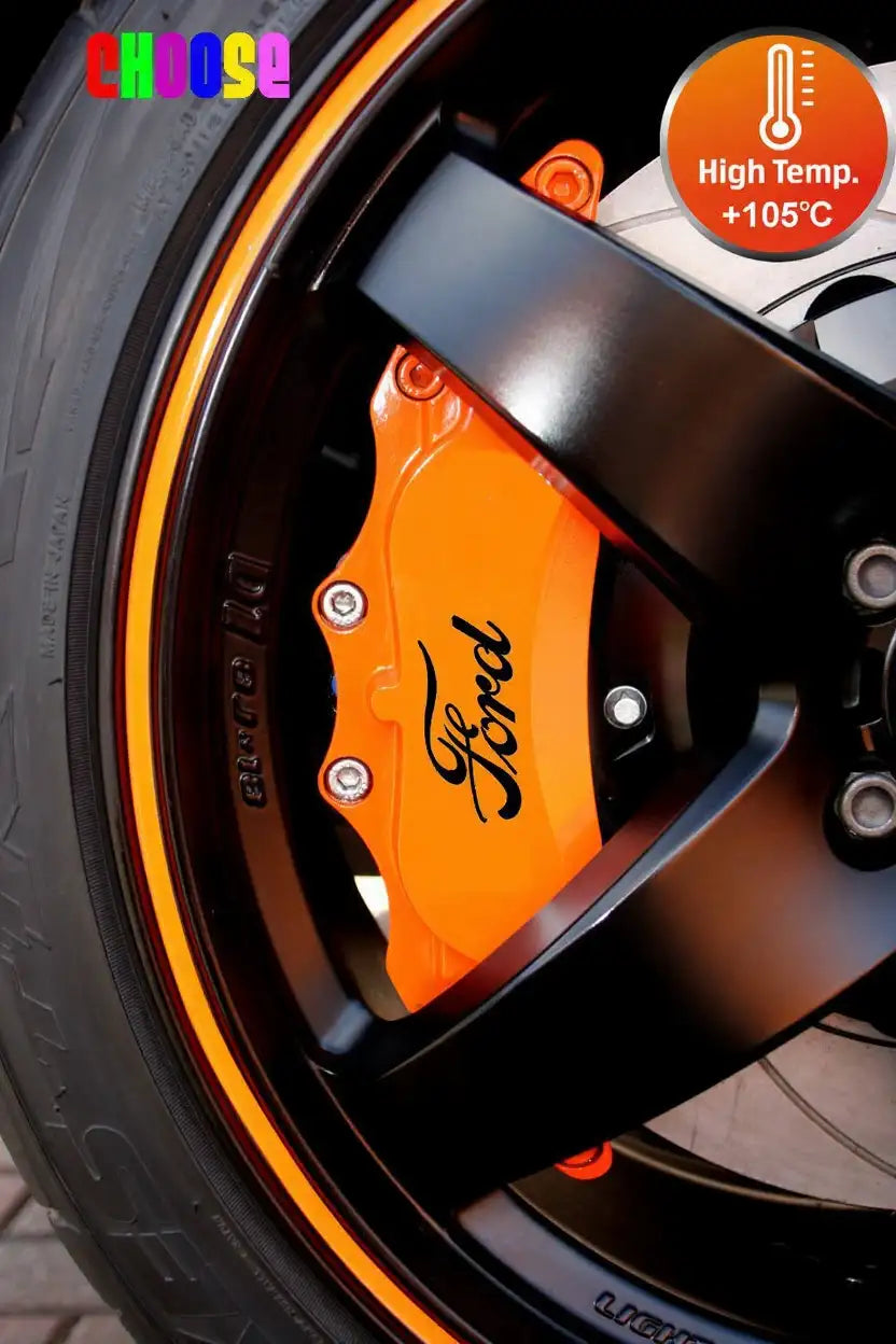 Ford stabdžių suportų lipdukai, raudoni, 6 vnt., pritvirtinti ant suportų