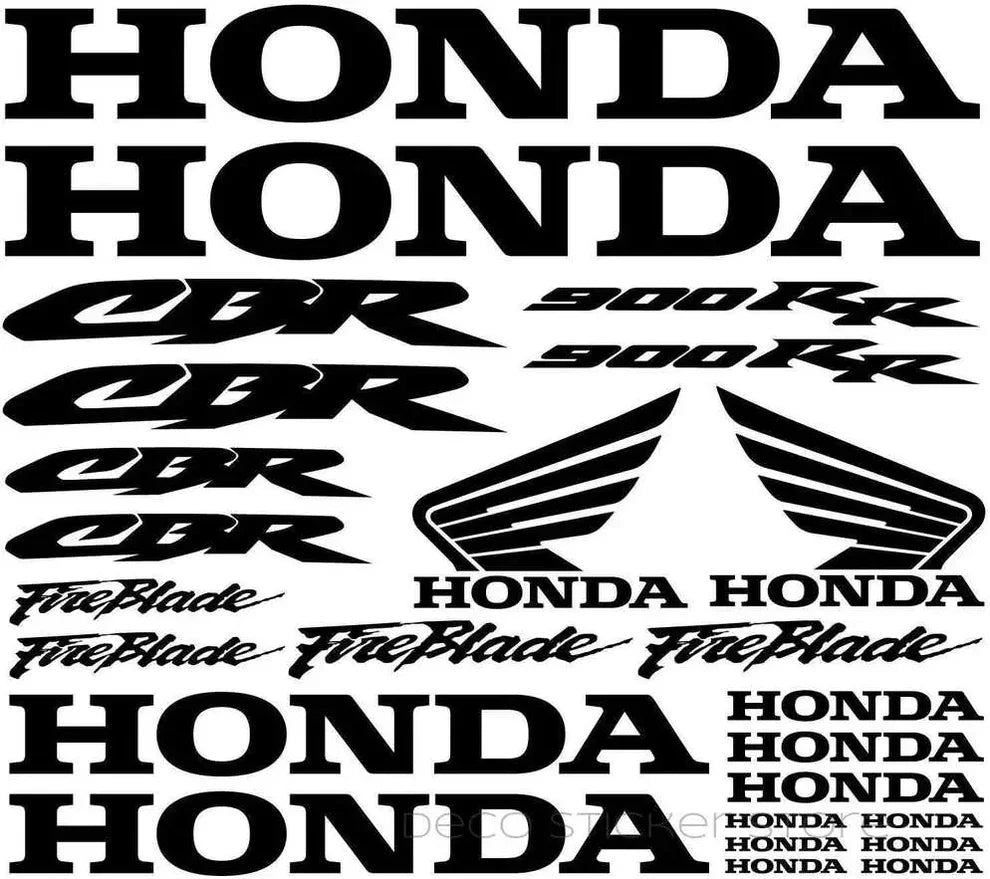 Honda lipdukų kolekcija su logotipais ir tekstu baltame fone