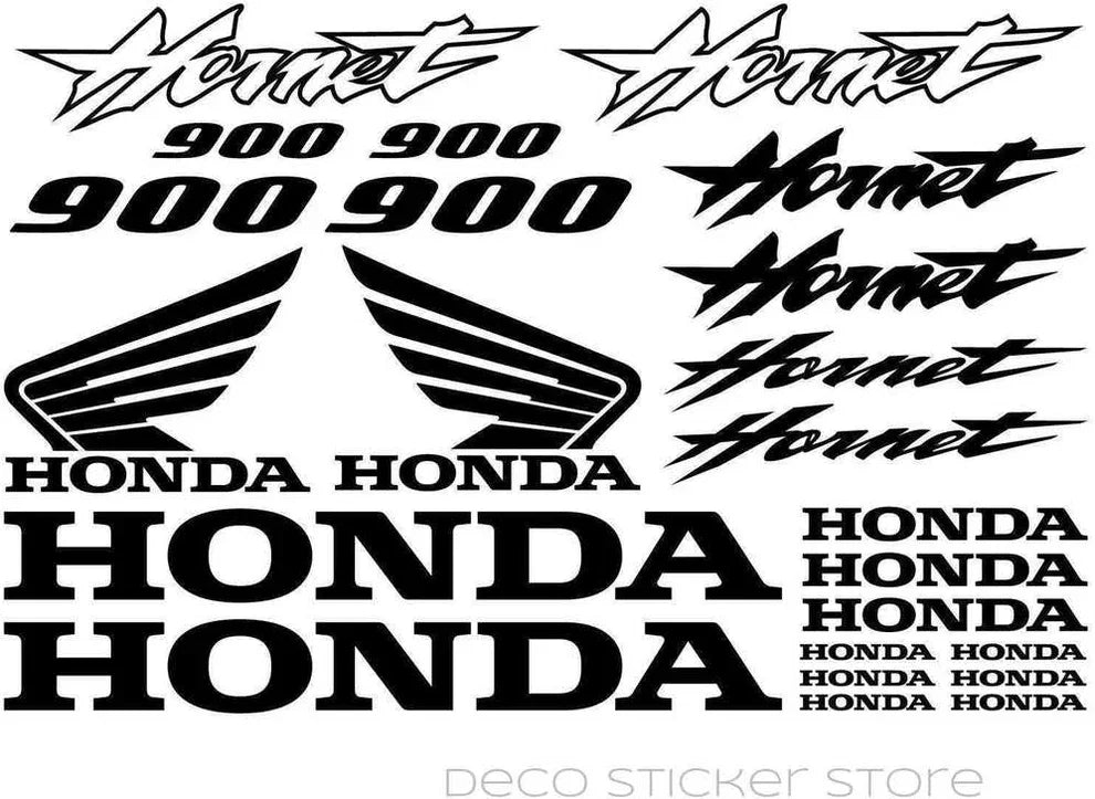 Honda lipdukų rinkinys su logotipais ir tekstu baltame fone