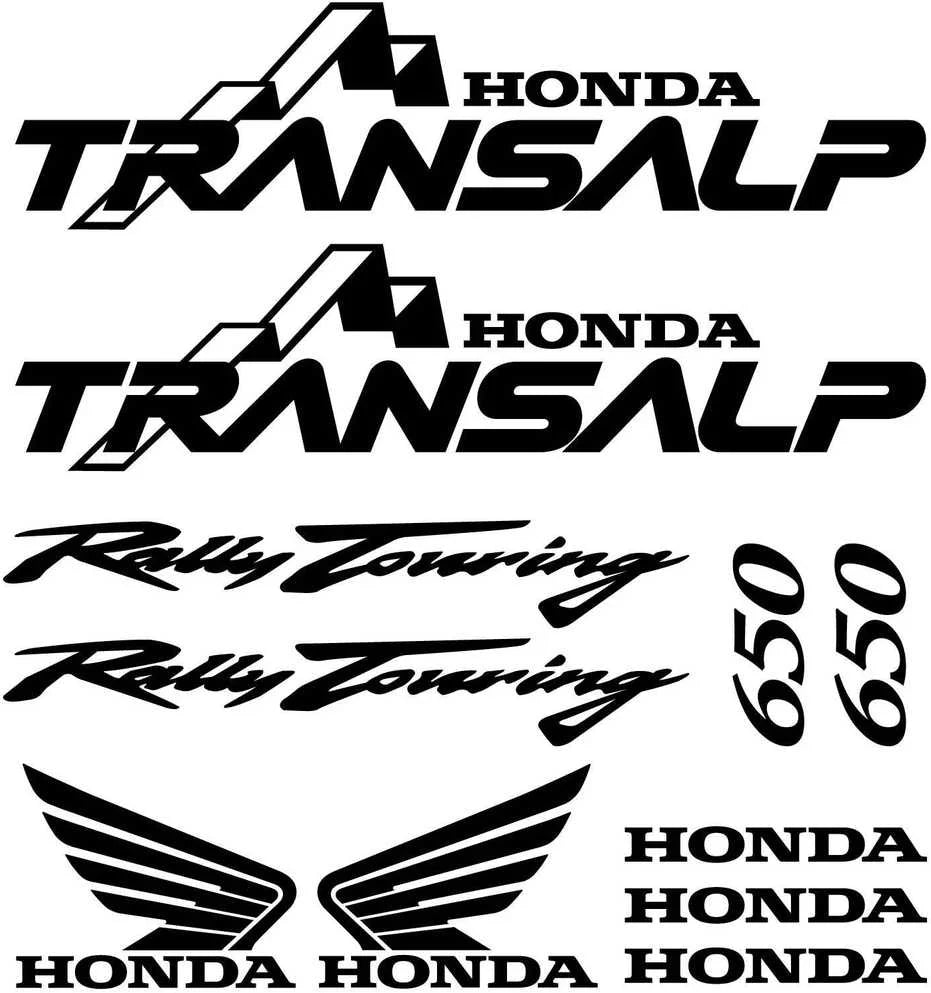 Honda Transalp lipdukų rinkinys su įvairiu tekstu ir logotipais baltame fone