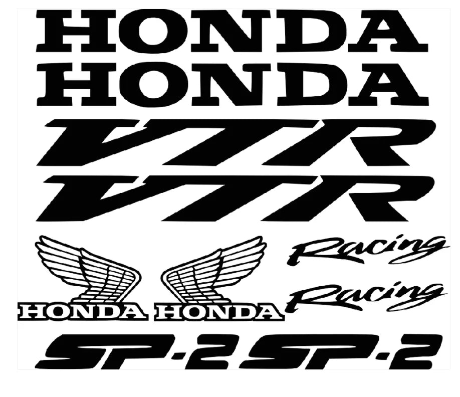 Žalių Honda lipdukų rinkinys su užrašais Honda, VTR, Racing ir SP-2 šviesiai pilkame fone.