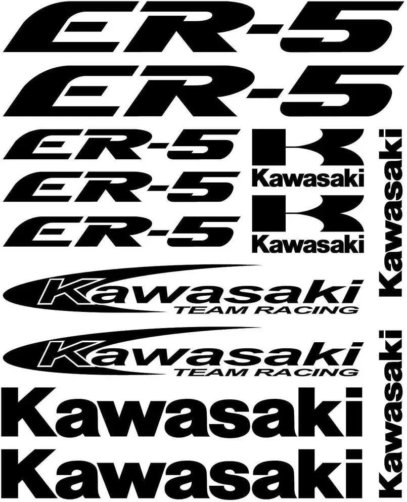 Įvairių dizainų Kawasaki lipdukų rinkinys baltame fone