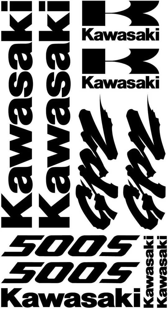 Kawasaki logotipų ir teksto kolekcija juodame fone