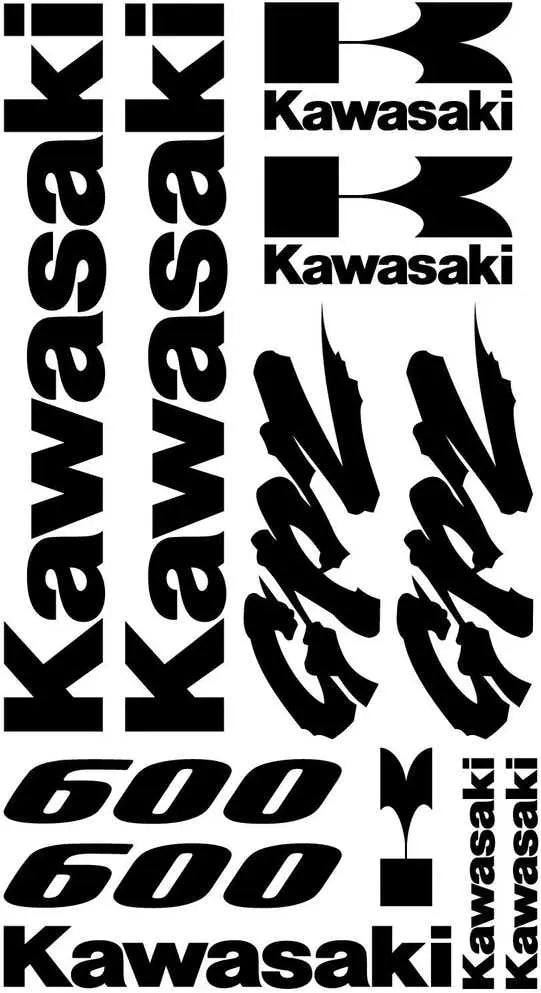 Kawasaki logotipo ir teksto grafikos rinkinys juodai baltame fone