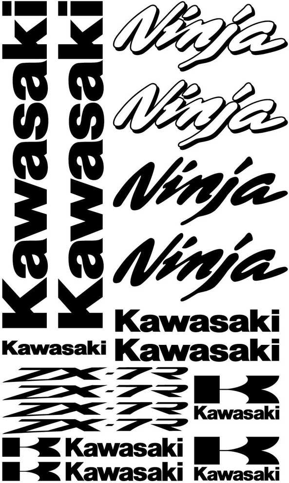 Įvairių stilių Kawasaki ir Ninja lipdukų kolekcija baltame fone