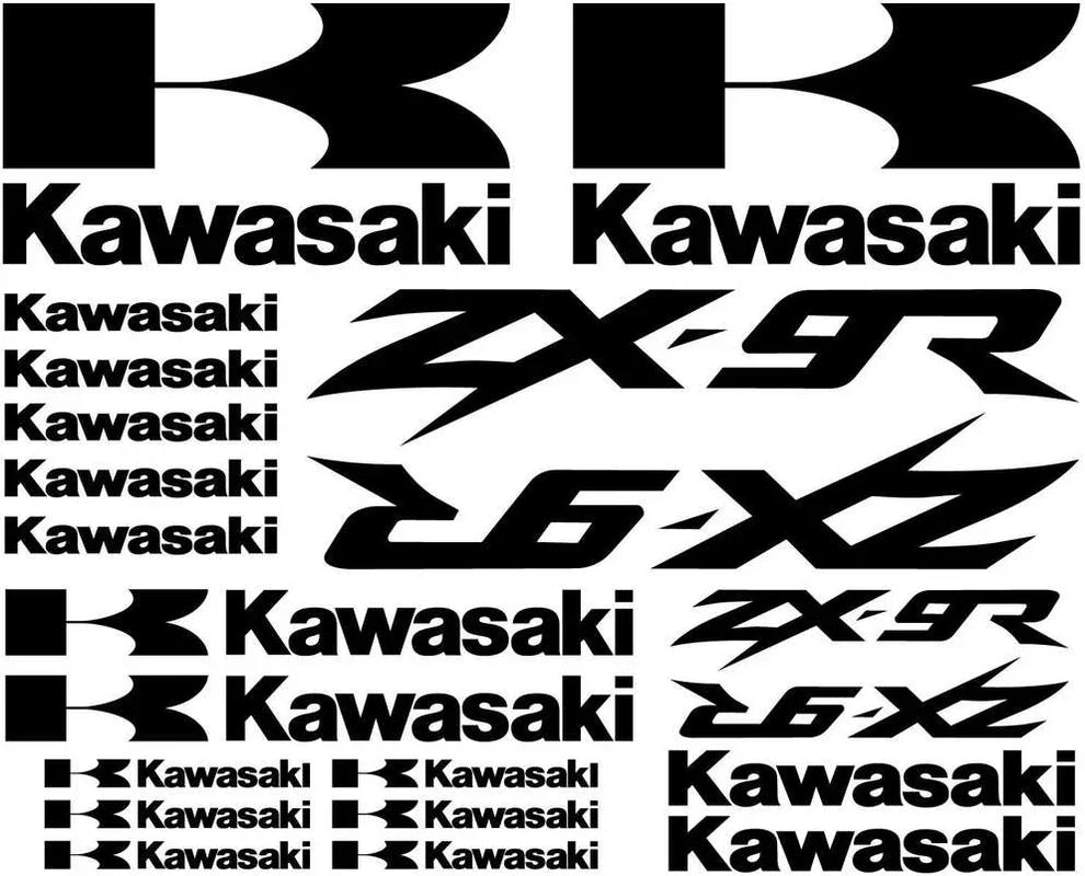 Kawasaki logotipų ir teksto rinkinys baltame fone