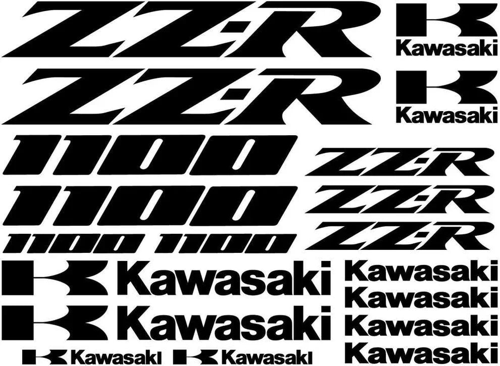 Kawasaki lipdukų kolekcija, įskaitant ZZR ir 1100 modelius.