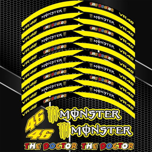 Monster VR46 ratlankių lipdukų rinkinys Kawasaki, Honda, BMW ir Yamaha motociklams