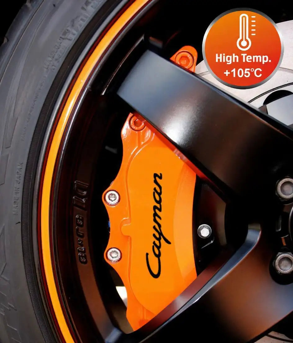 Porsche Cayman stabdžių suportų lipdukai, raudoni, 6 vnt., pritvirtinti ant suportų