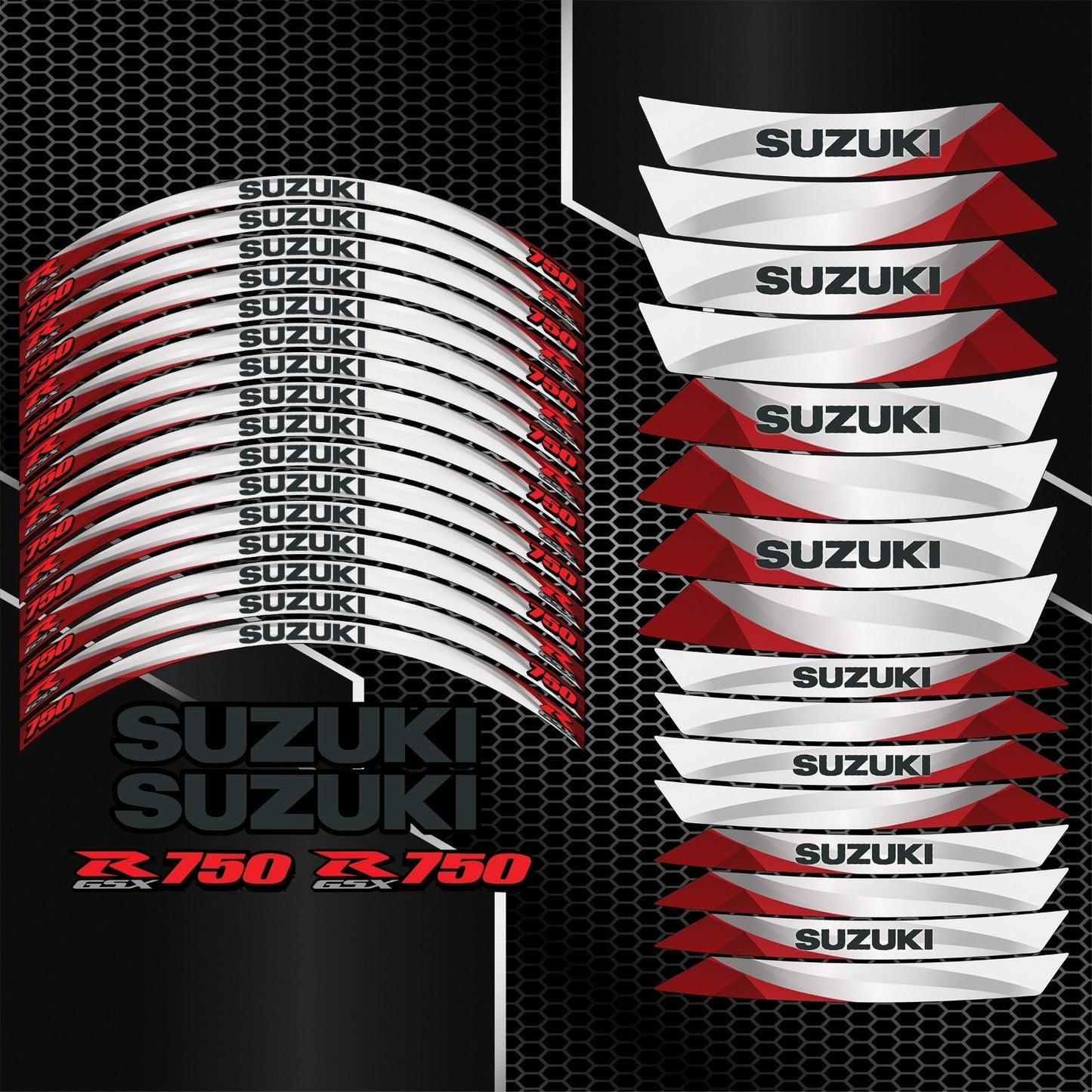 GSX-R750 raudoni ratlankių lipdukai su vidinėmis juostomis ir logotipais