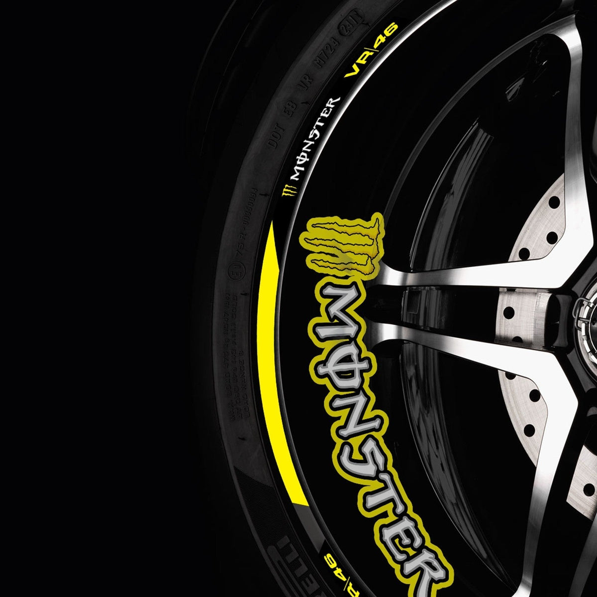 Universalūs Monster VR46 ratlankių lipdukai – sportiškas dizainas ir apsauga ratams