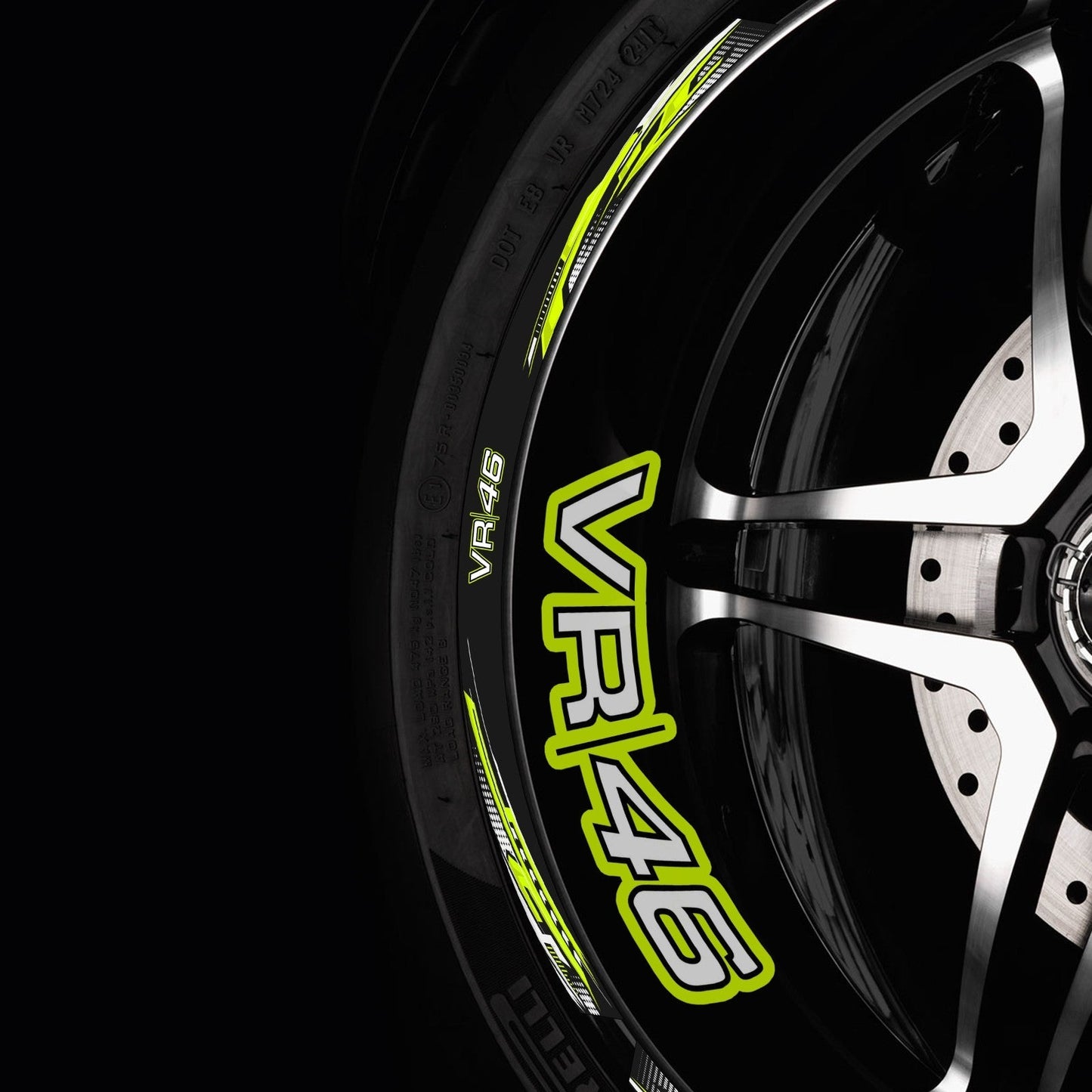 Juodi Valentino Rossi VR46 dizaino ratlankių lipdukai – profesionalus ir atsparus komplektas