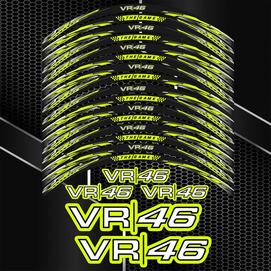 Sportiniai VR46 stiliaus lipdukai motociklų ratlankiams – tinka BMW, Yamaha, Kawasaki, Honda