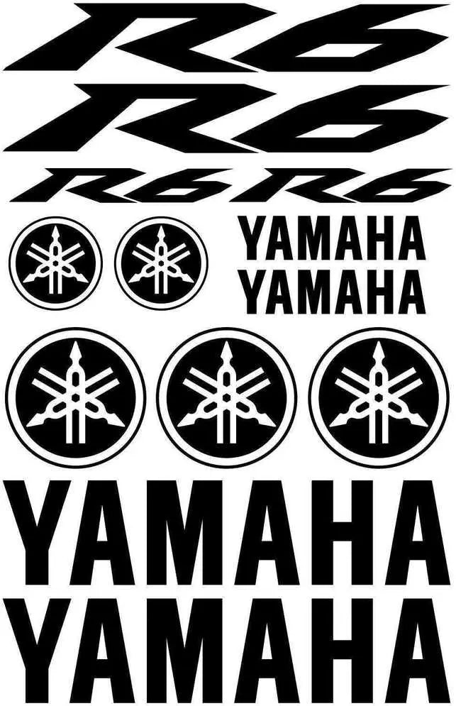 Yamaha lipdukų rinkinys su užrašu R6 ir prekės ženklo logotipais juodame fone