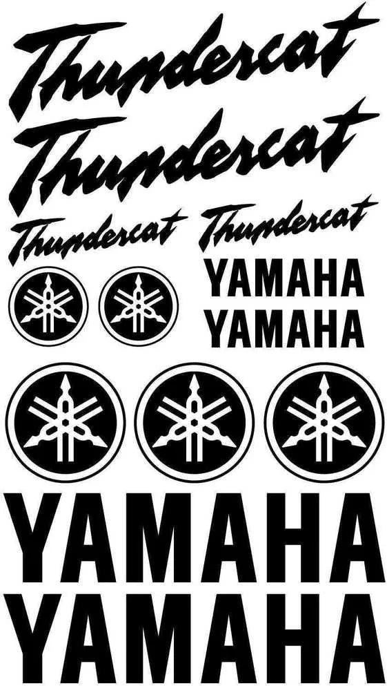 Thundercat ir Yamaha logotipų ir teksto rinkinys juodame fone
