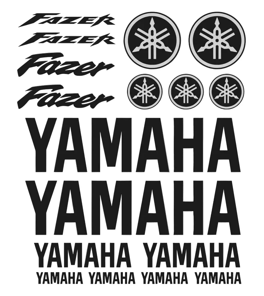 Fazer ir Yamaha logotipų ir teksto rinkinys pilkame fone