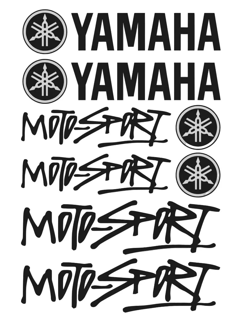 Yamaha Moto-Sport logotipai ir tekstas pilkame fone