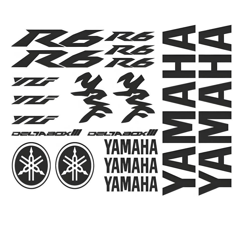 Yamaha R6 lipdukai ir logotipai baltame fone
