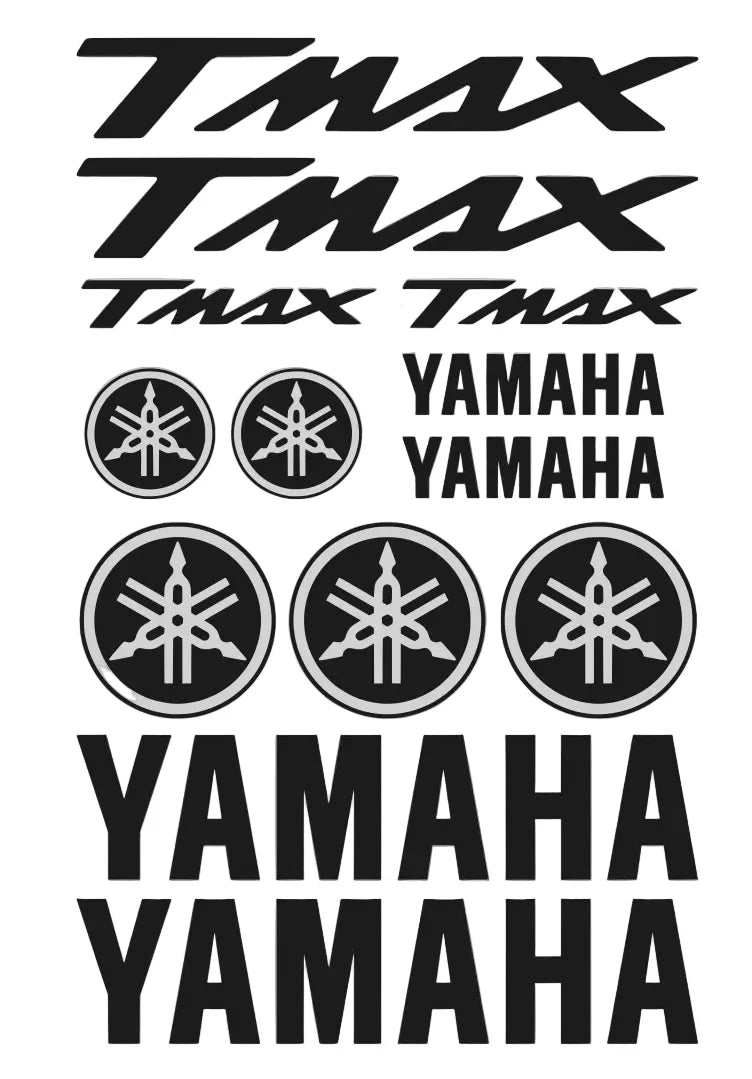Tmax ir Yamaha lipdukų rinkinys pilkame fone