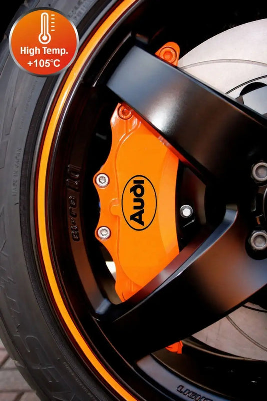 Audi logo stabdžių suportų lipdukai, raudoni, 6 vnt., pritvirtinti ant suportų