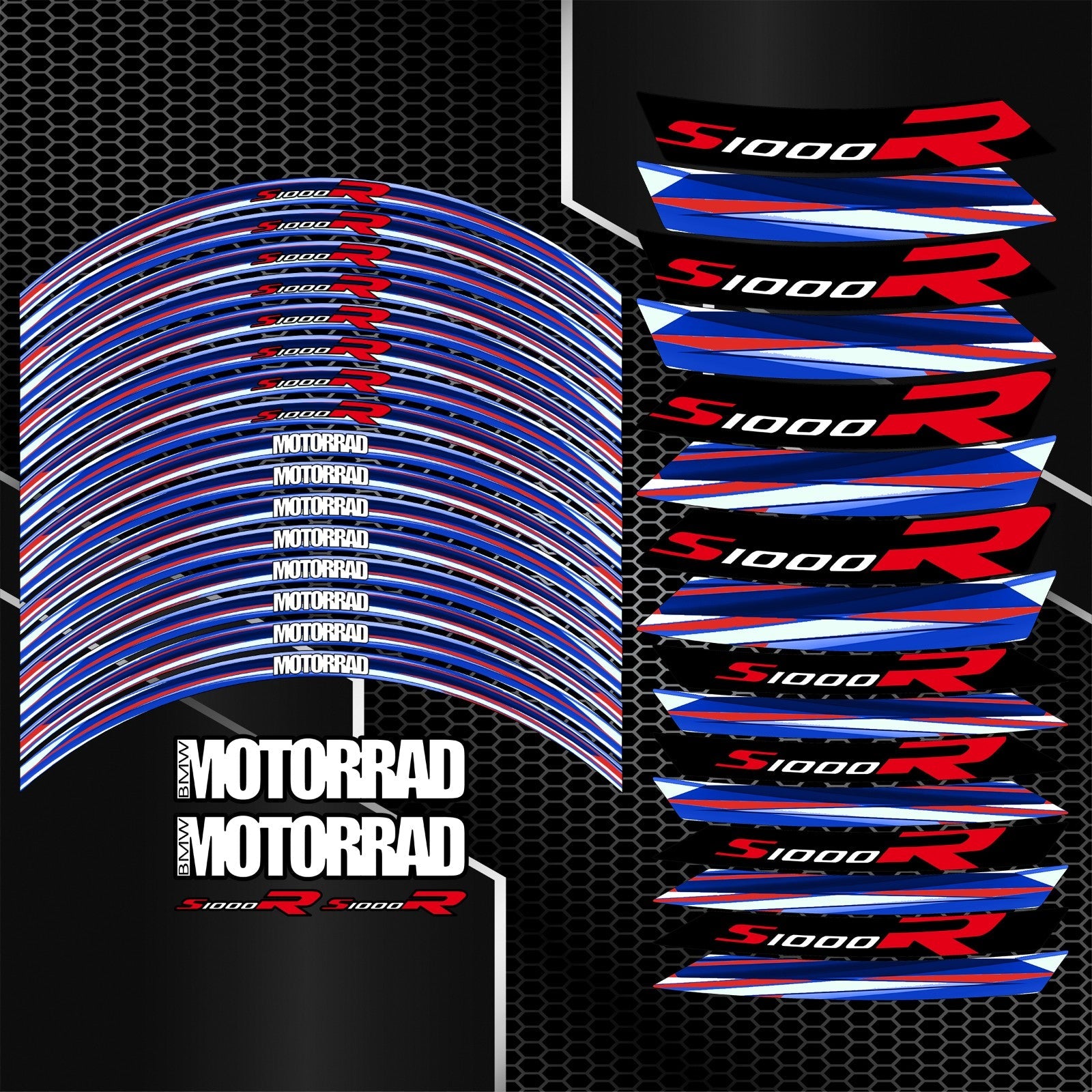 BMW S1000R M Sport ratlankių lipdukų pilnas rinkinys – detalus dizainas