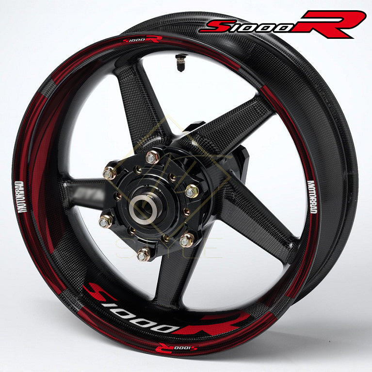 BMW S1000R ratlankių lipdukai – juoda ir raudona spalva, priekinis vaizdas