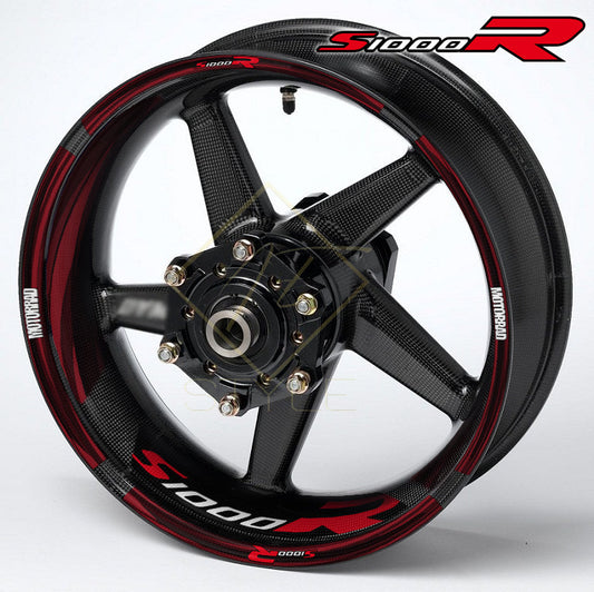 BMW S1000R ratlankių lipdukai – juoda ir raudona spalva, priekinis vaizdas