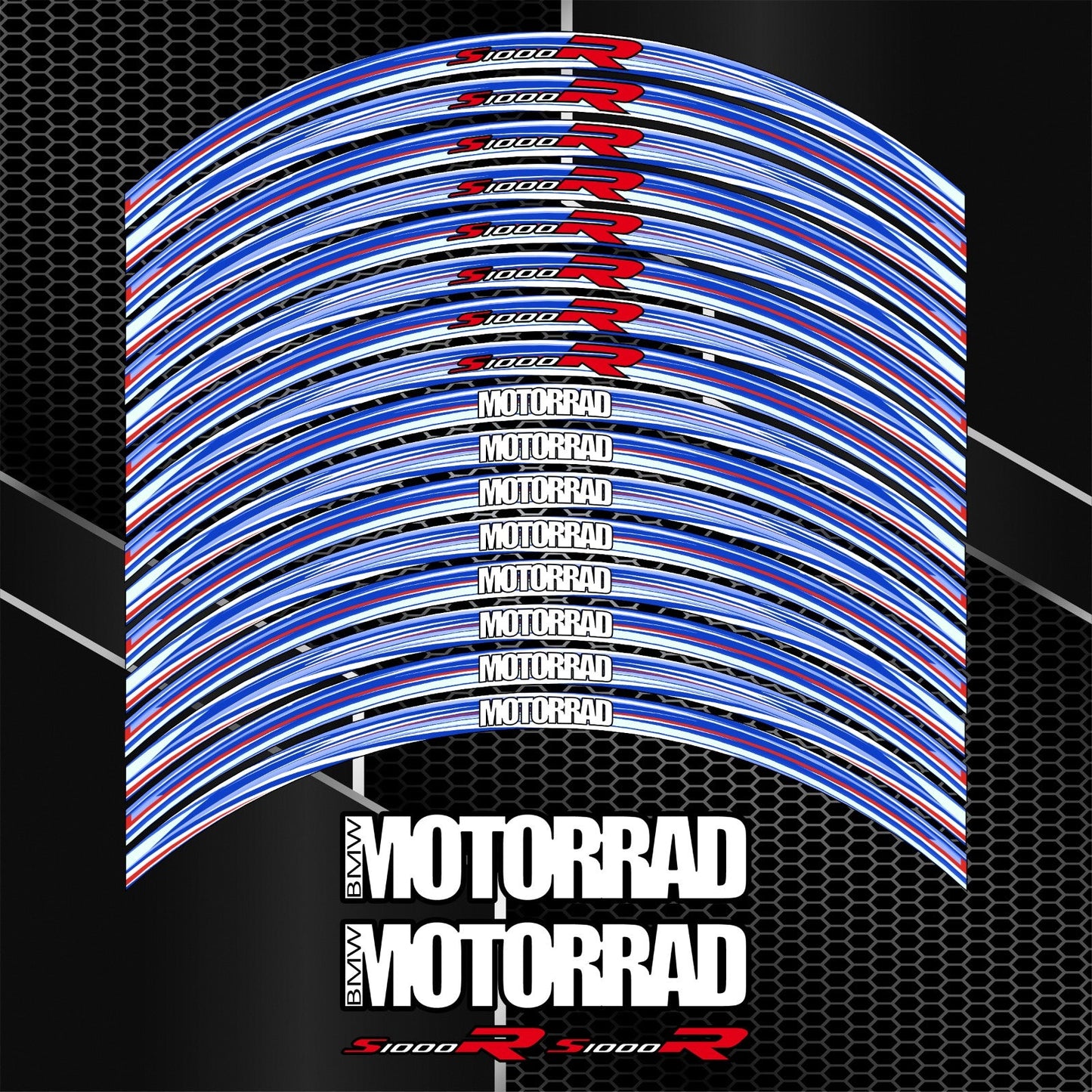 BMW S1000R M Sport ratlankių lipdukų komplektas – detalus priartinimas