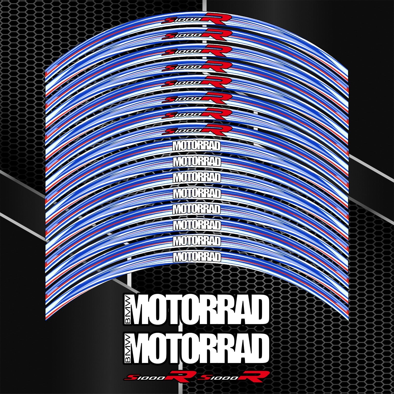BMW S1000R M Sport ratlankių lipdukų komplektas – detalus priartinimas