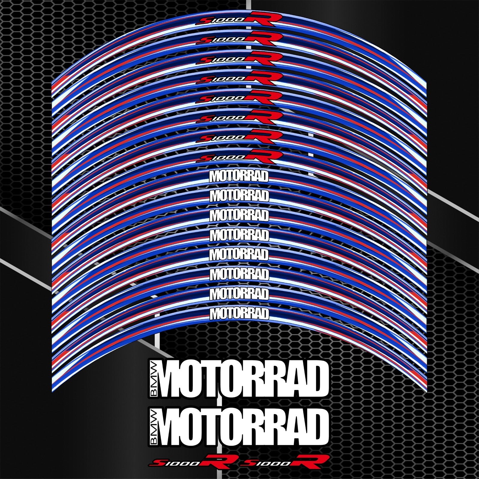 BMW S1000R M Sport ratlankių lipdukų komplektas – detalus priartinimas
