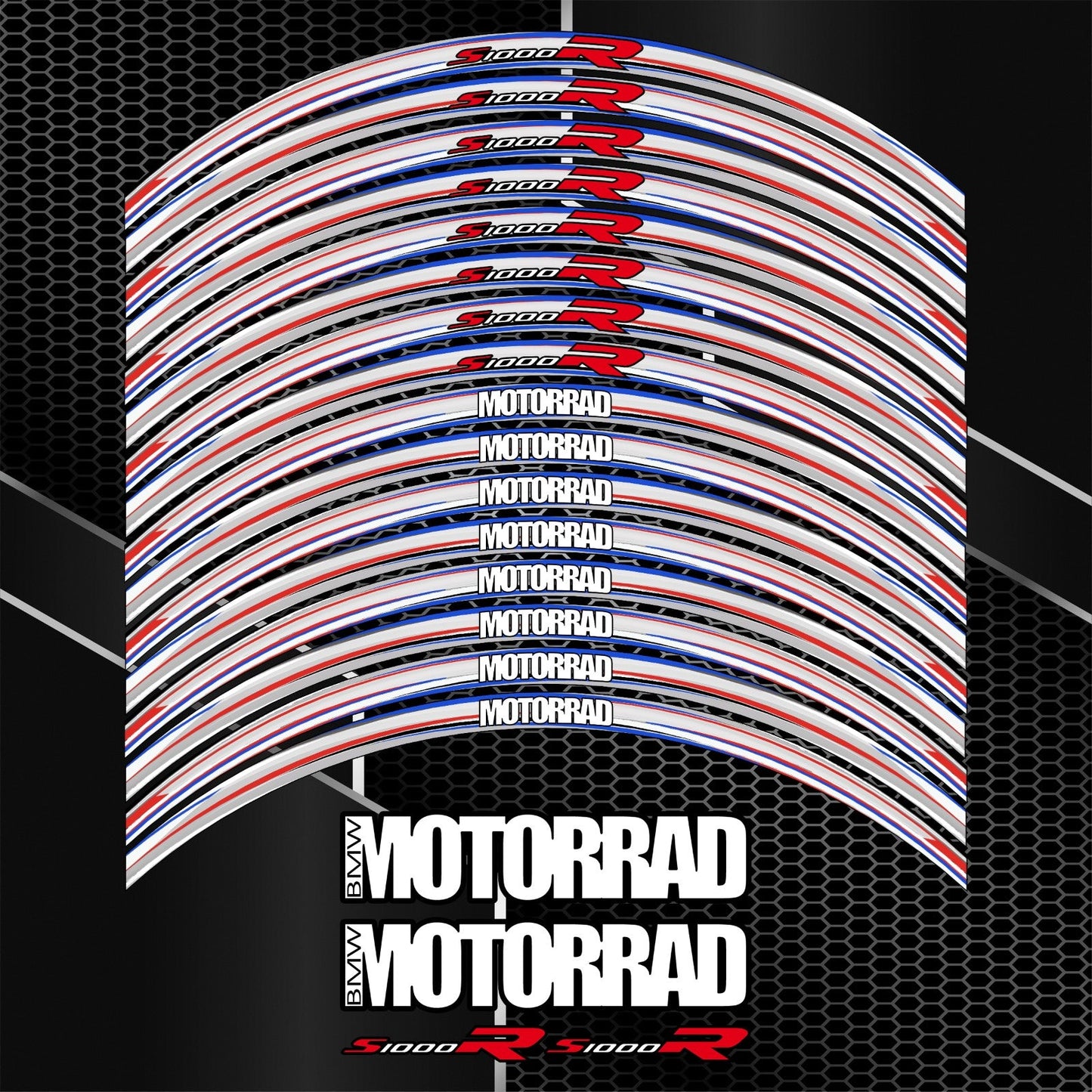 BMW S1000R pilkos spalvos ratlankių lipdukų komplektas – detalus priartinimas