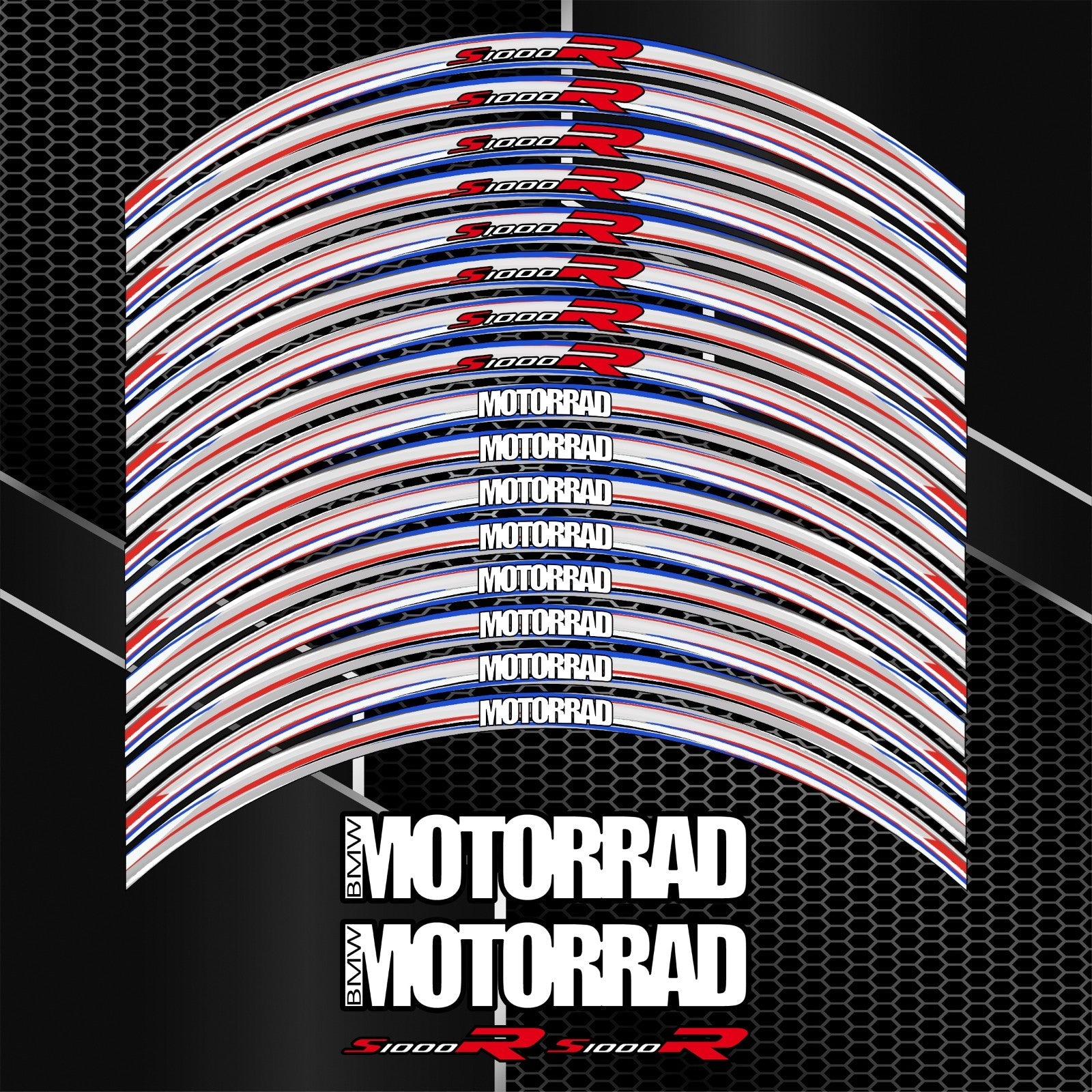 BMW S1000R pilkos spalvos ratlankių lipdukų komplektas – detalus priartinimas