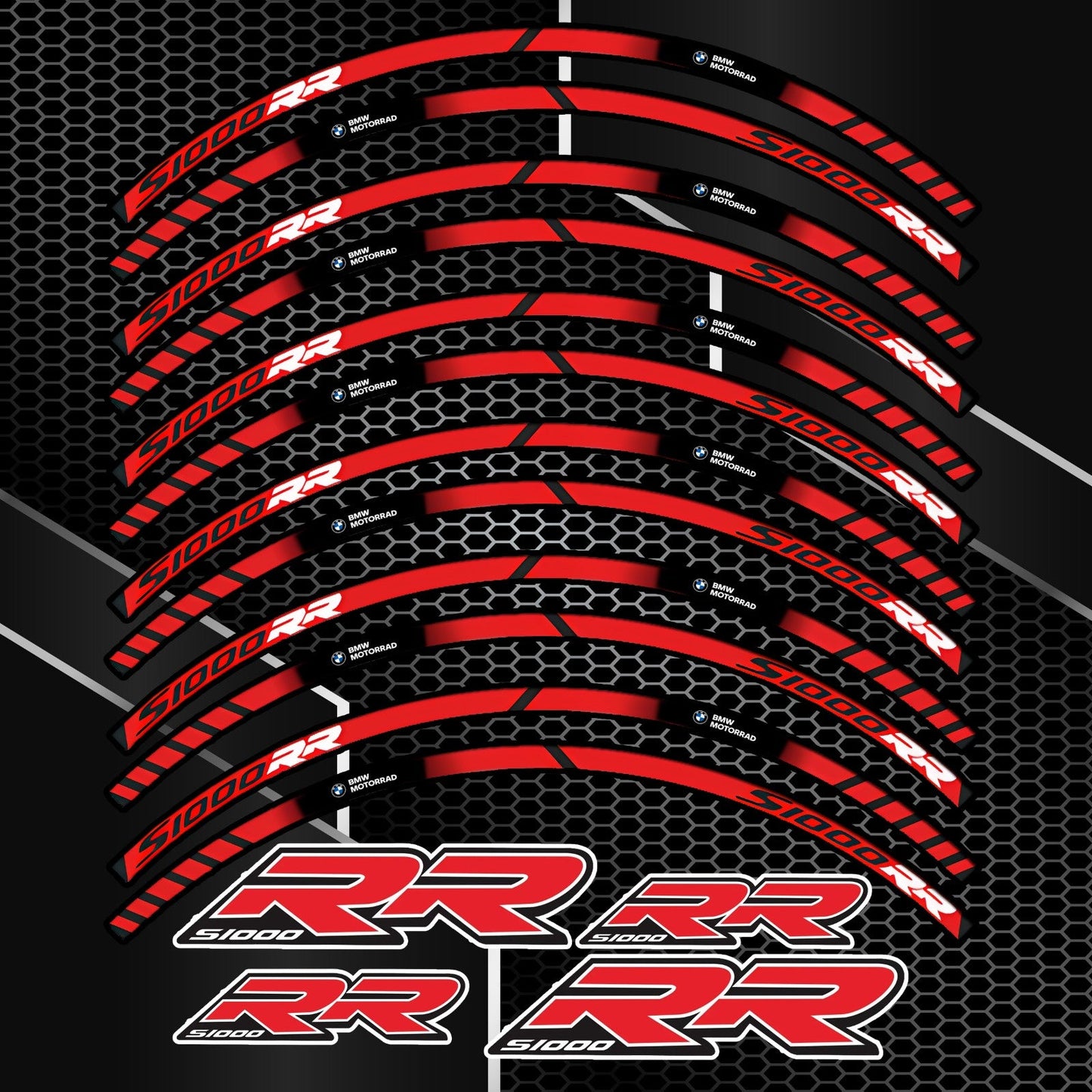 BMW S1000RR lipdukų komplektas – sportinis dizainas juodiems ratlankiams