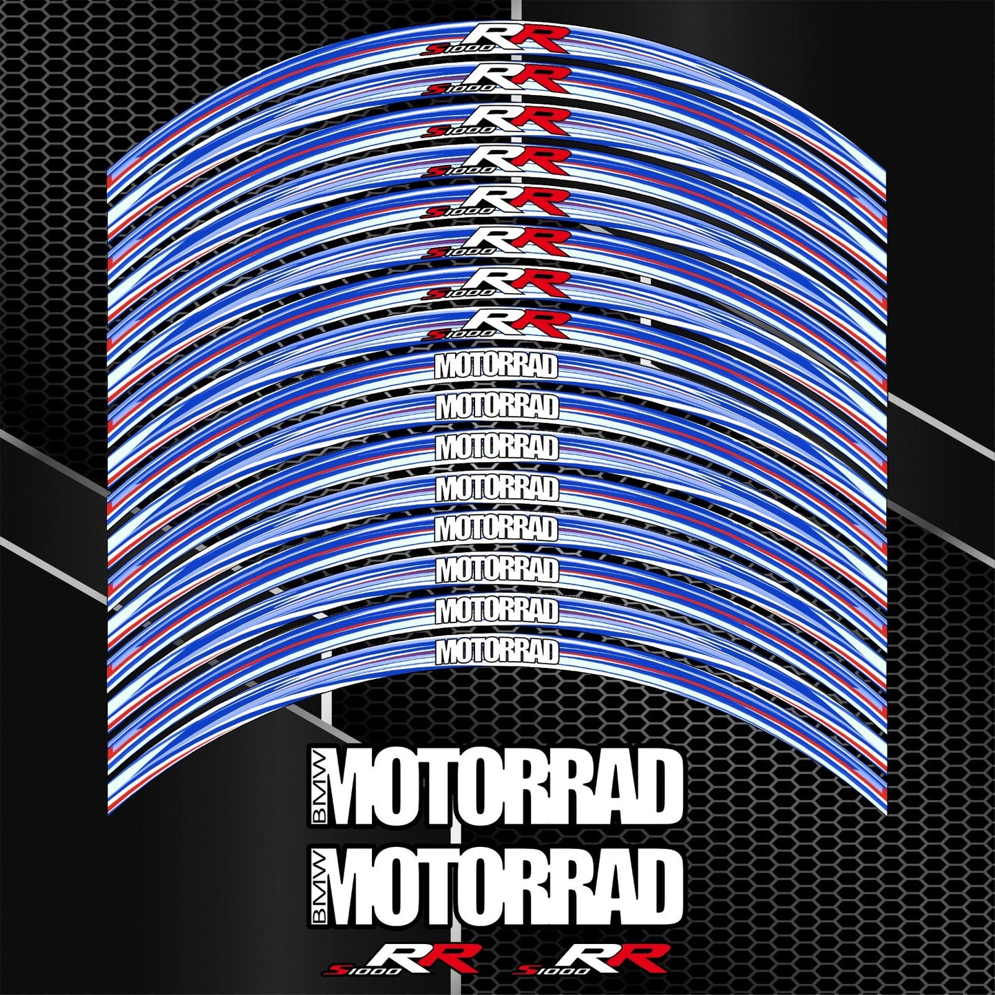 BMW S1000RR M Sport Performance ratlankių lipdukų dizainas – pilnas rinkinys