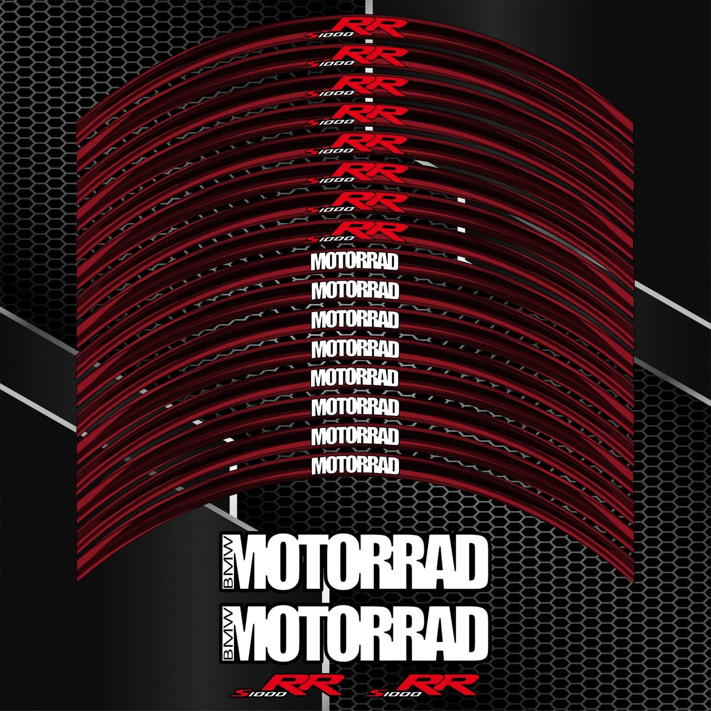 BMW S1000RR M Sport juodos ir raudonos spalvų ratlankių lipdukų dizainas