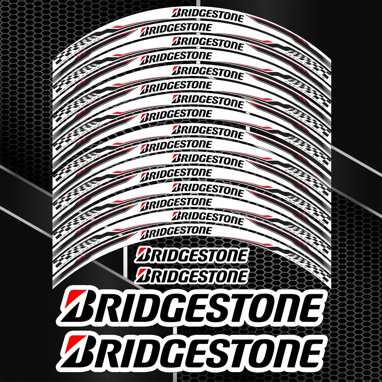 BRIDGESTONE ratlankių lipdukų komplektas Honda, BMW, Yamaha ir Kawasaki motociklams