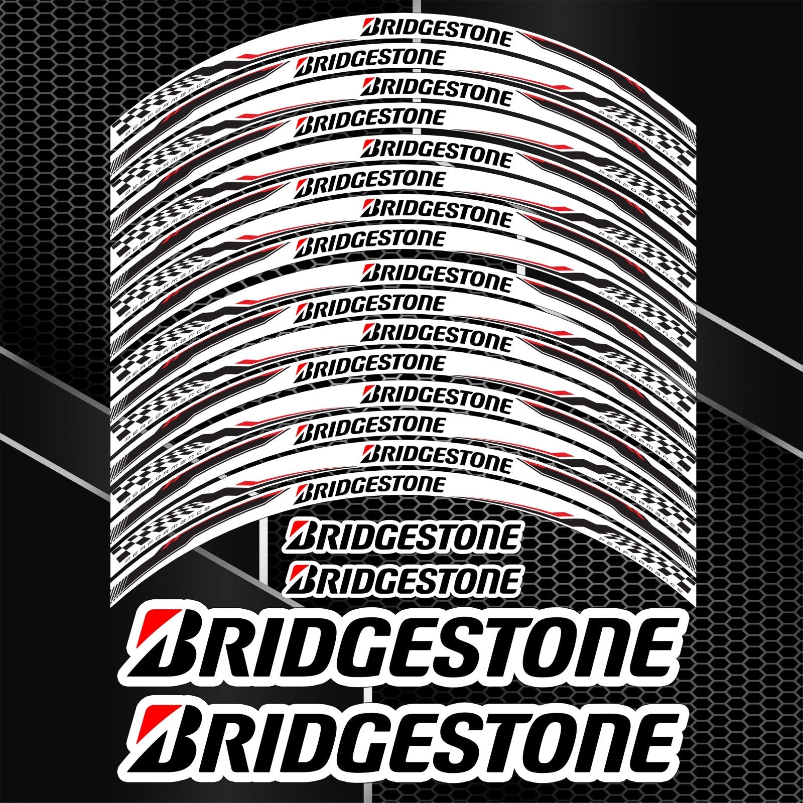 BRIDGESTONE ratlankių lipdukų komplektas Honda, BMW, Yamaha ir Kawasaki motociklams