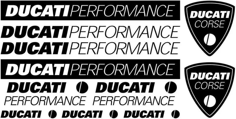 Ducati Performance ir Ducati Corse logotipai ir tekstas baltame fone