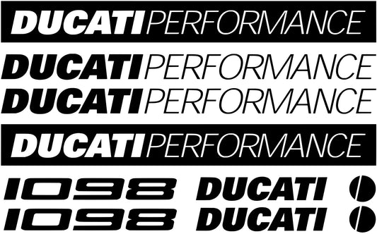 Įvairių dizainų Ducati Performance lipdukų rinkinys juodame fone