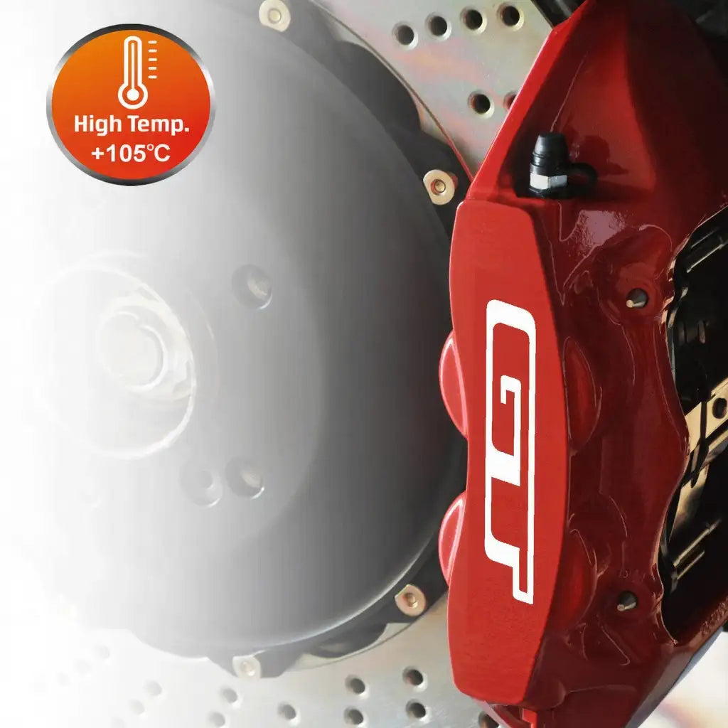 GT stabdžių suportų lipdukai, raudoni, 6 vnt., pritvirtinti ant suportų