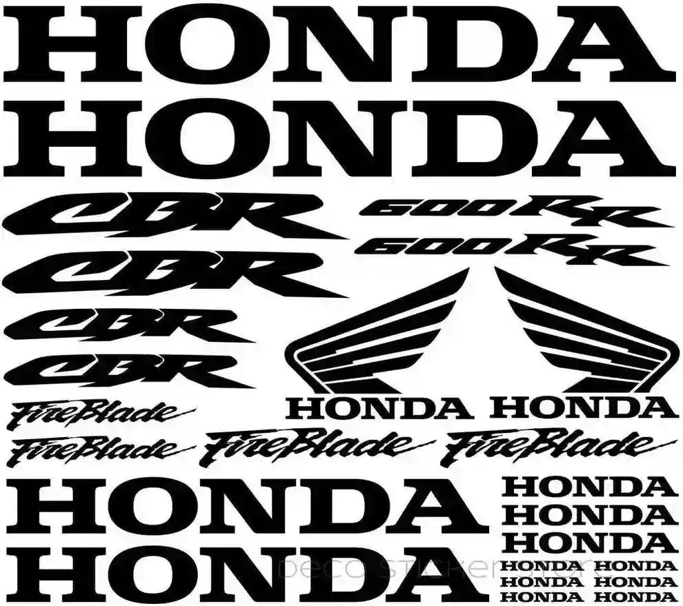 Honda lipdukų kolekcija su logotipais ir tekstu juodame fone
