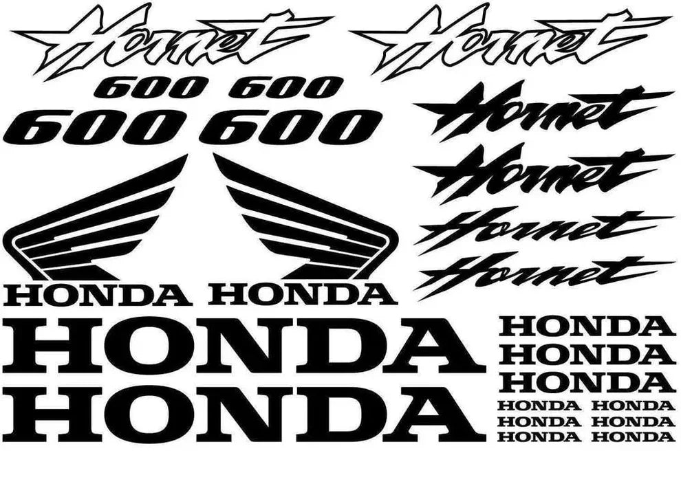 Honda lipdukų rinkinys su logotipais ir tekstu baltame fone