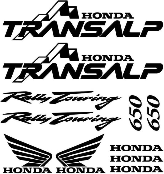 Honda Transalp lipdukų rinkinys su įvairiu tekstu ir logotipais baltame fone