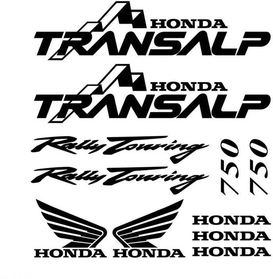 Juodų Honda Transalp lipdukų rinkinys baltame fone