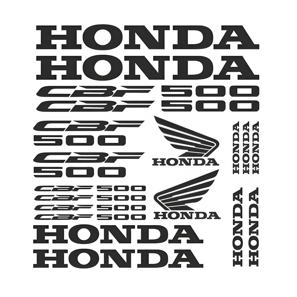 Honda lipdukų rinkinys su tekstu ir logotipu baltame fone
