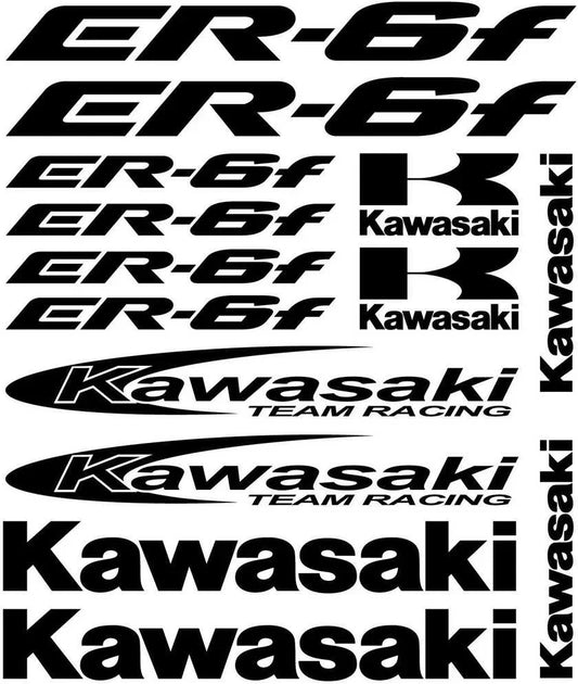 Kawasaki lipdukų kolekcija, įskaitant ER-6f ir Kawasaki Team Racing logotipus.