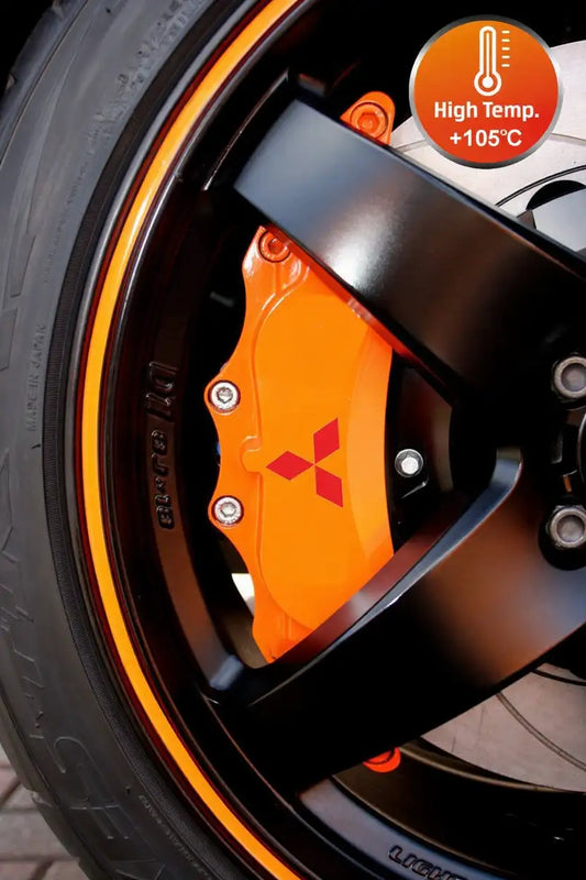 Mitsubishi stabdžių suportų lipdukai, raudoni, 6 vnt., pritvirtinti ant suportų